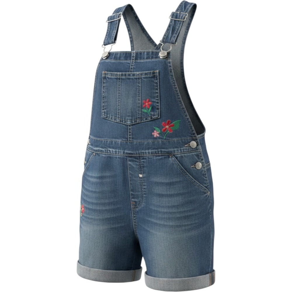 Genuine Kids from OshKosh Girls Denim Floral Embroidered Shortalls Size 7 Blue